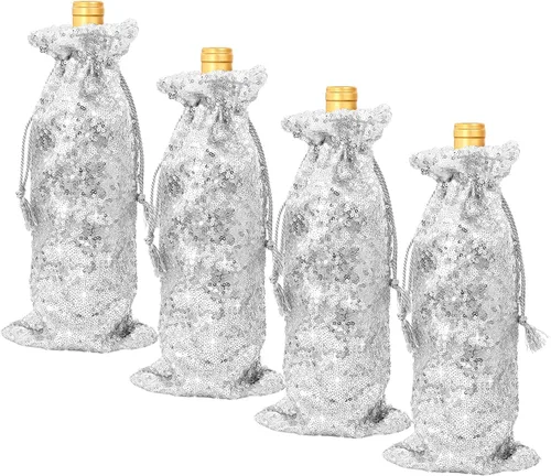 Miniatura 10 de SquarePie Bolsa de regalo de vino de lentejuelas negras, 4 piezas con cordones de 5.5 x 14 pulgadas, fundas de botellas con purpurina para Navidad