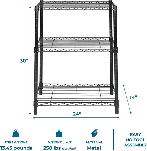 Miniatura 3 de Honey-Can-Do - Estantería ajustable resistente de 3 niveles, estante de almacenamiento de metal con capacidad de 250 lb, color negro, 14" de ancho x