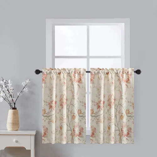 Miniatura 25 de Leeva Cortinas rústicas de cocina con estampado floral verde mezclado de lino para media ventana, para comedor, bolsillo para barra, cafetería