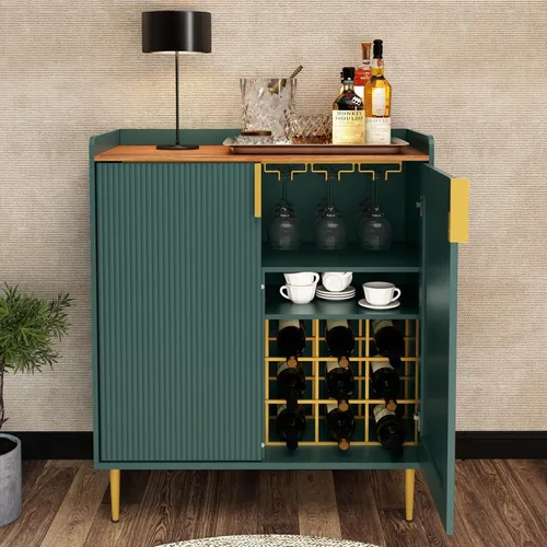 Miniatura 11 de ARTPOWER Aparador Buffet con Textura Acanalada, Gabinete Moderno de Barra de Café con Estante para Vinos y Cajones, Gabinete Negro de Licor