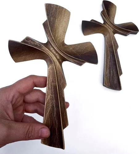 Miniatura 2 de Cruz colgante de madera tallada a mano para decoración de pared, pared de crucifijo grande hecha a mano, cruz religiosa cristiana (7.87, marrón)