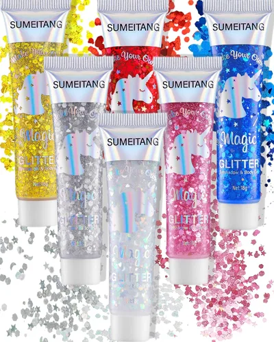 Gel con purpurina para la cara y el cuerpo, 6 colores, con lentejuelas gruesas holográficas, pintura para fiestas, cantantes, conciertos, festivales