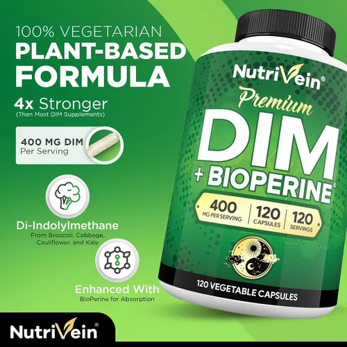 Miniatura 3 de Nutrivein Suplemento DIM Premium de 400 mg al día - 120 porciones (120 cápsulas): Diindolilmetano para mujeres y hombres - Más Bioperine