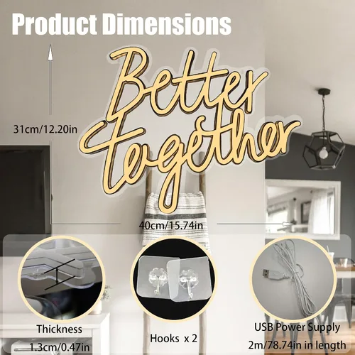 Miniatura 2 de Letrero de neón Better Together, letrero de luz LED de neón ajustable con fondo alimentado por USB, luz colgante para boda, bar, cumpleaños