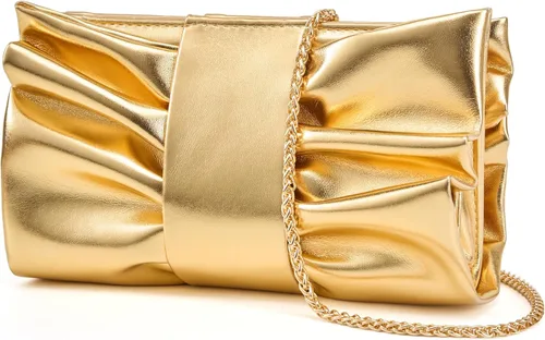 Miniatura 8 de Elegante bolso de mano con lazo para mujer, suave y plisado, bolsa de noche de poliuretano con cadena desmontable para fiesta de graduación, boda