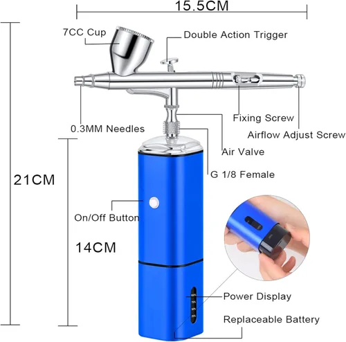 Miniatura 3 de Kit de aerógrafo inalámbrico de parada automática con kit de compresor, pistola de cepillo de aire recargable de doble acción, conecta con Azul