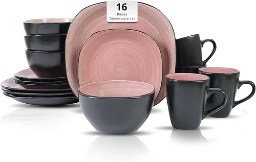 Miniatura 9 de juego de vajilla de cerámica de 16 piezas en forma cuadrada, interior rosa brillante + exterior negro mate