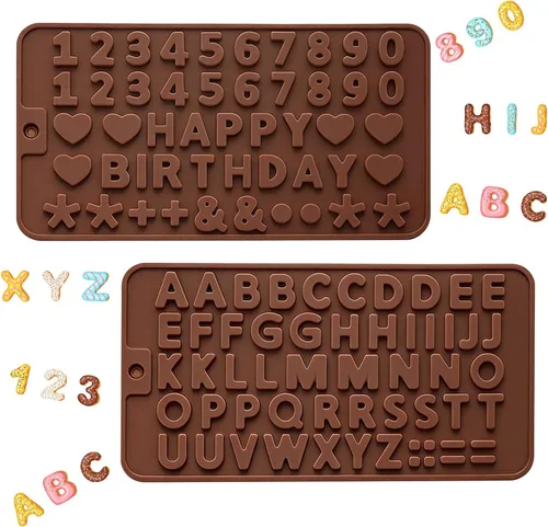 2 moldes de silicona para chocolate, moldes de letras de números, moldes reutilizables para dulces con símbolos de decoración de feliz cumpleaños,