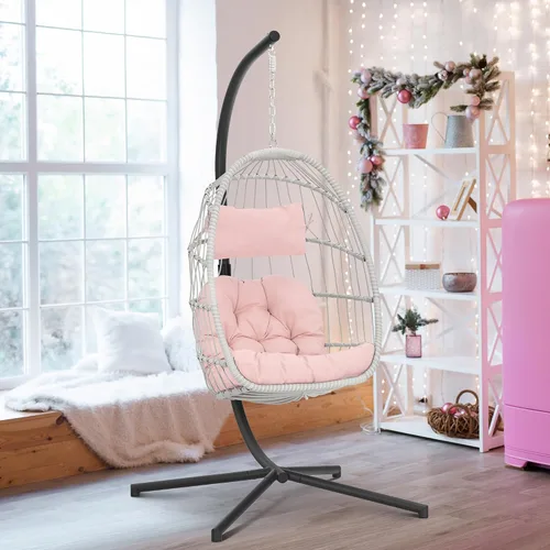 Brafab Silla de huevo rosa con soporte para interior y exterior, silla colgante de mimbre para patio con soporte, silla de hamaca de huevo con cojín