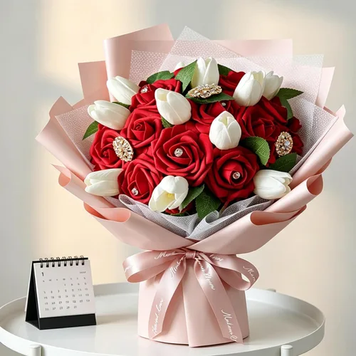 Miniatura 2 de AmyHomie Flores artificiales rosas rojas, 25 rosas falsas de aspecto real con tallo para ramos de boda, centros de mesa, arreglos de fiesta, baby