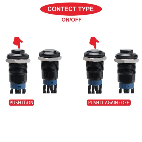 Miniatura 5 de 6Pcs Interruptor de botón de cierre led de 12mm con carcasa negra y pre-cableado, interruptor de botón a prueba de agua IP65, 1NO 1 normalmente, B.