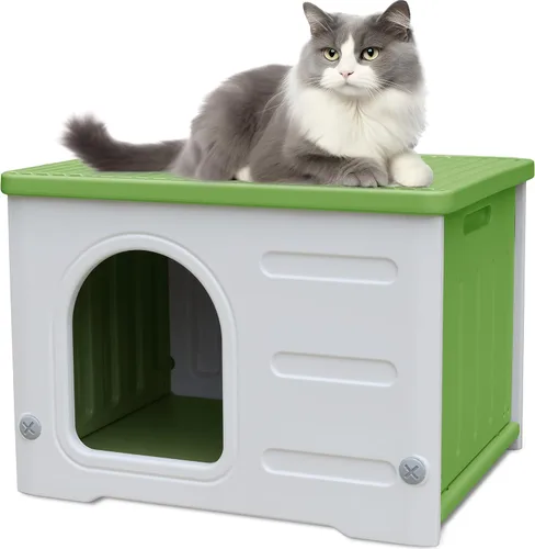 Casa de plástico para gatos para exteriores e interiores, casas para gatos ferales, casa impermeable para gatos salvajes, refugio exterior para