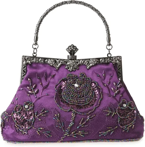 Miniatura 20 de Bolso de mano de estilo vintage con cuentas florales y strass para mujer, con bordado de lentejuelas, bandolera para novia, boda, fiesta