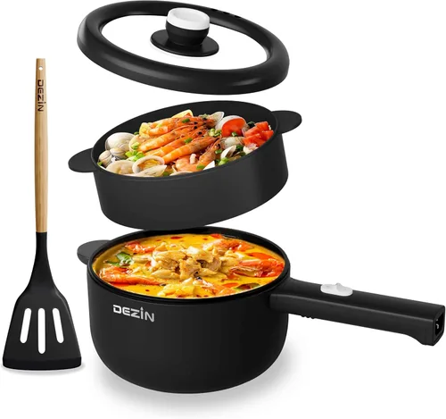 Dezin Cocina Eléctrica, Sartén Antiadherente de 2L para Saltear, Cocedor Rápido de Fideos, Mini Olla para Bistec, Huevo, Arroz Frito, Ramen, Avena,