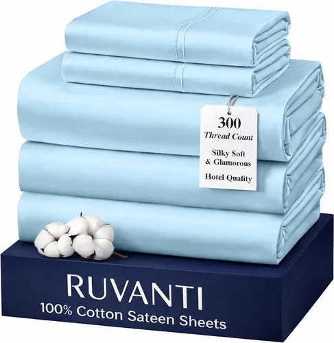 Miniatura 44 de RUVANTI Juego de sábanas de 100 % algodón tamaño matrimonial, tejido de satén suave y sedoso de 300 hilos, refrescante, ligero y transpirable, Beige