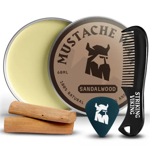 Striking Viking Cera para bigote para hombres con peine – 2 onzas, sándalo – Cera de sujeción fuerte con peine de bigote antiestático para un aseo