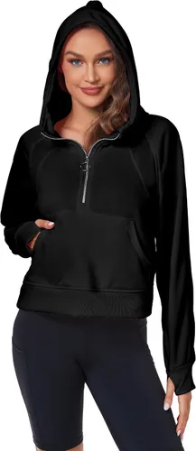 Miniatura 7 de FKEEP Half Zip Hoodies for Women Zipper Up Cropped Hooded Long Sleeve Athletic Pullover Tops with Thumb Hole