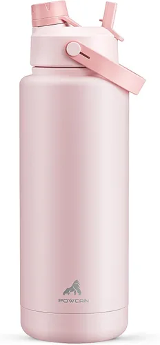 POWCAN - Botella de agua térmica 2 en 1, sorbete y tapa con boquilla, antifugas, acero inoxidable sin BPA, portavasos automóvil, bebida fría 24 h,