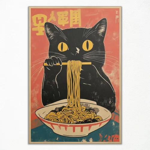 Miniatura 17 de Arte de pared vintage de gato japonés en lona, póster de gato negro peculiar comiendo ramen, impresión de arte retro de animales divertidos