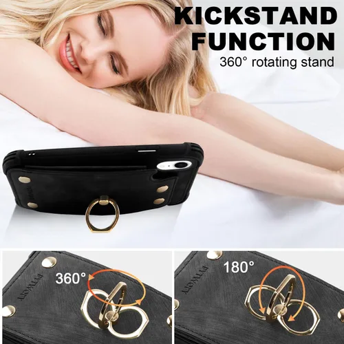 Miniatura 5 de Funda tipo cartera compatible con iPhone XR/10R con tarjetero de crédito, funda protectora de cuero a prueba de golpes compatible con anillo