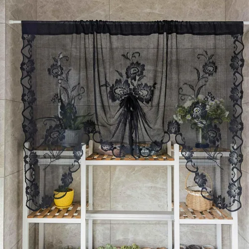 Miniatura 7 de Cenefa de cortina de encaje transparente con bordado floral negro, estilo princesa, estilo princesa, cenefa de cortina bordada en cascada