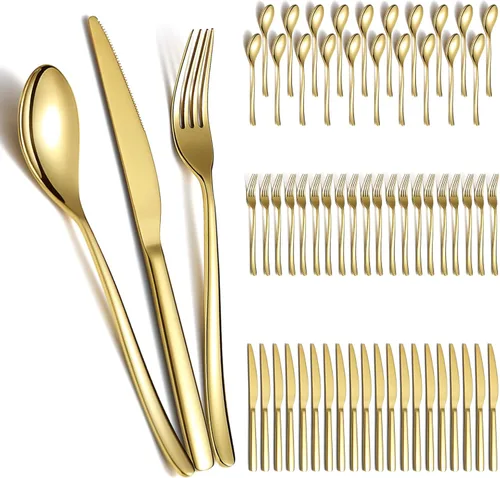 Miniatura 9 de Berglander - Juego de cubiertos de oro de 60 piezas, servicio para 12, juego de cubiertos de acero inoxidable con chapado en titanio dorado, juego