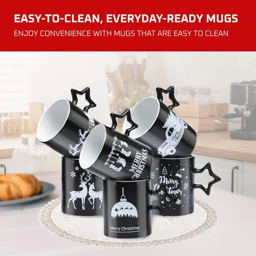 Miniatura 7 de Bruntmor Tazas de café negras con mango de estrella, juego de 6 tazas grandes de 14 onzas para vacaciones de Año Nuevo, tazas decorativas