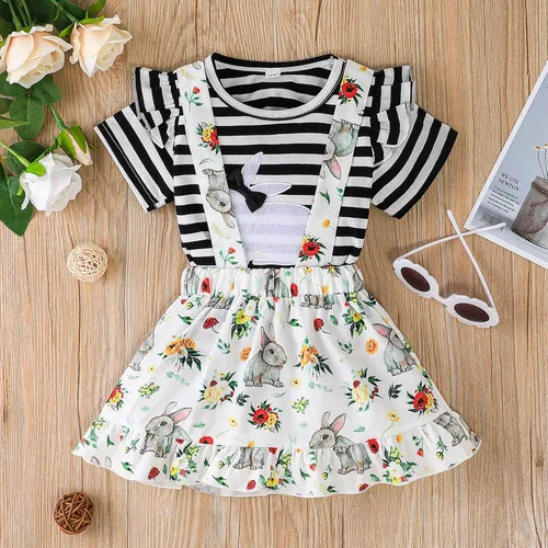 Miniatura 2 de AIMAOMI Toddler Girls Easter Outfits Rabbit Printed Striped T-shirt Tops Suspenders Skirts Girl Spring Outfit