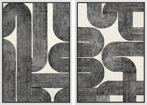 Miniatura 129 de SIGNWIN Lienzo enmarcado para pared, juego de arte de collage de ondas en espiral de mediados de siglo, formas abstractas, acogedor, neutro