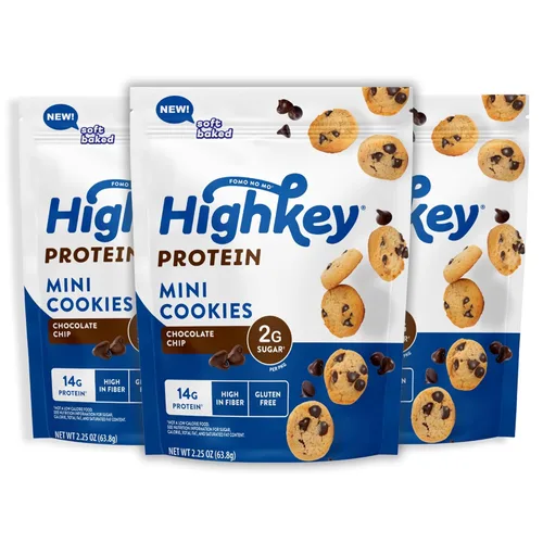HighKey Galletas con chispas de chocolate con proteínas, bajas en azúcar, alto en proteínas, paquete de 3, 2.25 onzas, galletas bajas en