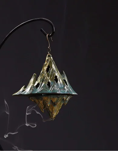 Miniatura 5 de Esfera colgante de cerámica para quemar incienso con gancho, conos huecos de reflujo, soporte de incienso para decoración del hogar (montaña)