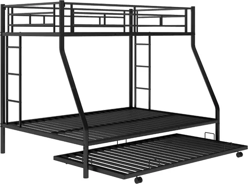 Miniatura 7 de Litera individual sobre cama matrimonial con nido, marco de cama de metal con escaleras de dos lados, no necesita caja de resortes, color negro