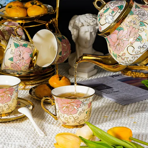 Miniatura 2 de Juego de té de cerámica europea de 20 piezas para adultos con soporte de metal y pintura de flores (versión crema grande)