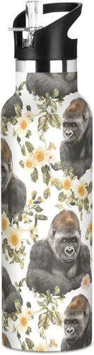 Funny Gorilla White Vacuum Insulated Sports Water Bottle Keeps Hot and Cold with Straw Leakproof BPA Free for Gym Sports 11