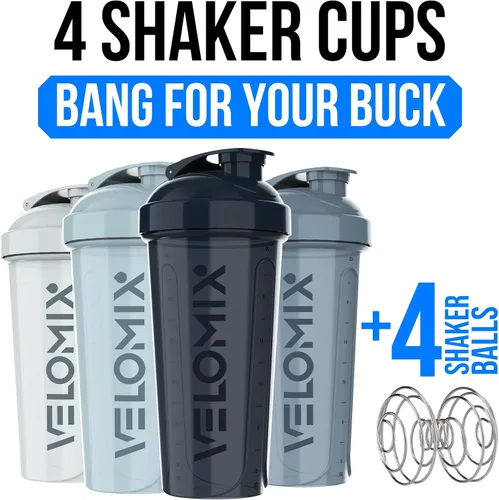 Miniatura 2 de VELOMIX - Paquete de 4 botellas agitadoras de proteínas de 28 oz para mezclas de proteínas - 4x Batidora de alambre Tazas agitadoras a prueba