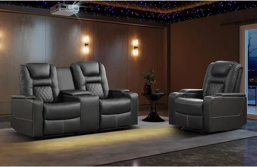 Miniatura 11 de EBELLO Asientos de cine en casa, silla reclinable de imitación de cuero para películas con almacenamiento oculto en los brazos, sofá reclinable