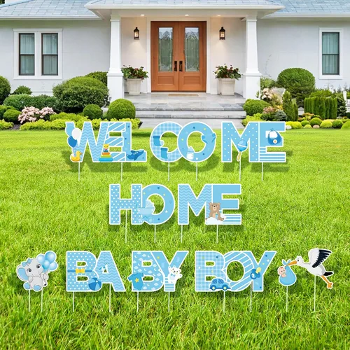 Letrero de bienvenida para bebé niño con estacas, letrero azul de bienvenida para el patio del bebé, letrero de bienvenida con texto en inglés "It's