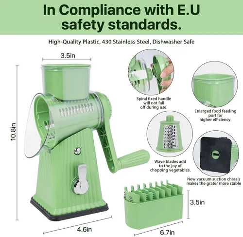 Miniatura 2 de Rallador rotativo de queso con 5 cuchillas, tubo grande para alimentos, empujador de alimentos de seguridad, base de succión fuerte, verde menta