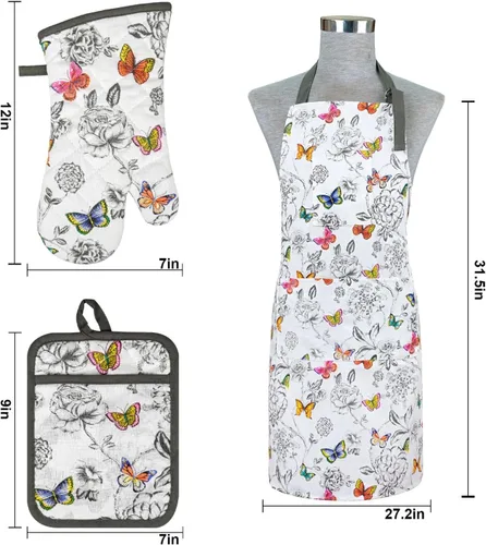 Miniatura 3 de Alselo Manoplas de horno y soportes para ollas con delantal Chaf, juego de 5 guantes de cocina resistentes al calor y agarraderas antideslizantes