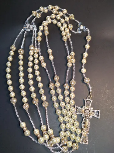 Miniatura 6 de Aeiniweraabbcc SPPRANDOM J.G Wedding LassoLasso para boda de Perla fina Color Marfil y rhigestone Color oro Lazo con Cruz catolica y cristales Lazo