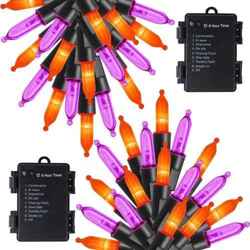 Miniatura 11 de WATERGLIDE - 50 luces LED de Halloween para uso al aire libre de 16 pies, tira de luces con 8 modos, tamaño mini, luces impermeables para árbol