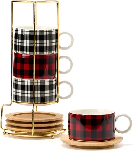 Miniatura 13 de LUKA - Juego de 4 tazas de café espresso apilables de cerámica con tablero de ajedrez en blanco y negro de 6 onzas, con platillos y soporte