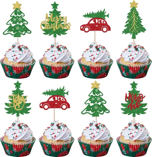 Miniatura 30 de Paquete de 24 Adornos para Cupcakes de Feliz Navidad, Adornos para Cupcakes para Revelación de Género, Adornos para Cupcakes de Árbol de Navidad, 5