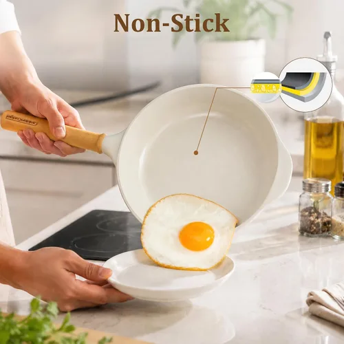 Miniatura 3 de Sartén antiadherente con tapa, sartén de 10 pulgadas de profundidad, sartén de cerámica sin toxinas, estilo Wabi-Sabi saludable y no tóxica