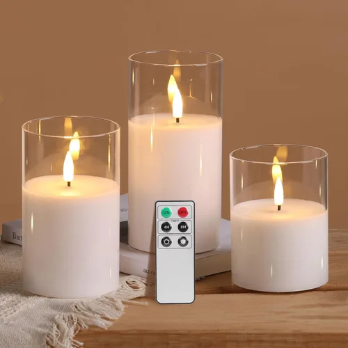Miniatura 11 de Eywamage Juego de 3 velas LED de cristal verde, con forma de columna gruesa, funcionan con pilas, con control remoto, sin llama, parpadeantes