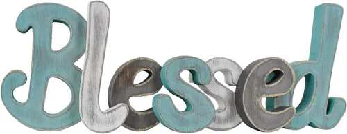 Letrero con texto en inglés «Blessed» de color verde azulado para decoración del hogar, letra recortada de madera independiente para sala de estar,