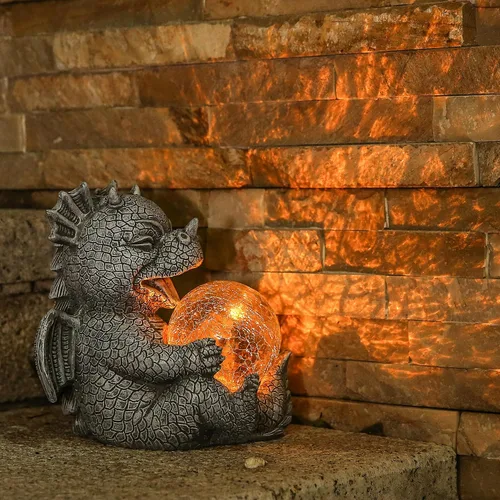 Miniatura 3 de Estatua de Dragón de Jardín con Energía Solar Figura Luminosa para Exteriores Decoración Linda que Sostiene Bola de Cristal Brillante Escultura