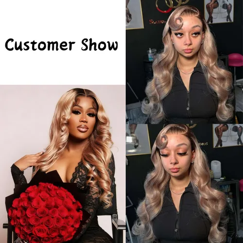 Miniatura 5 de Pelucas de cabello humano rubio ceniza de 26 pulgadas con raíces castañas ombré, color rubio ceniza, ondulado, 13 x 6, peluca de cabello humano