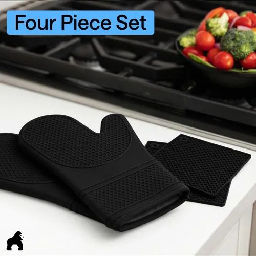 Miniatura 9 de GORILLA GRIP Juego de 4 manoplas de horno de silicona suave sin BPA y soportes para ollas, resistentes al calor, forro de algodón grueso, agarre