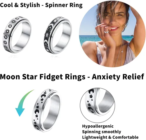 Miniatura 2 de Anillos giratorios MUCAL para ansiedad 8 piezas de anillo giratorio de acero inoxidable anillo anti ansiedad anillo giratorio con luna y estrella